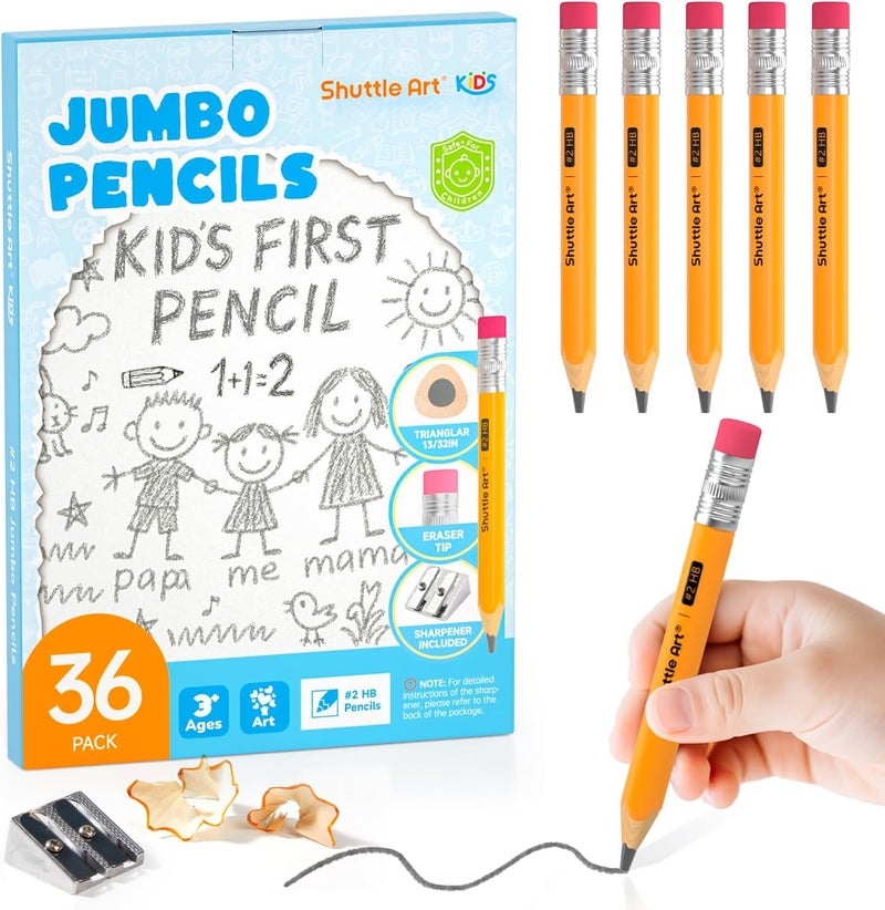 Shuttle Art Jumbo Pencils - 36 Pack Triangle Pre sharpened Pencils #2 HB with Top Erasers & Sharpener, for Kids Ages 3-5, Kindergarten School Supplies, Ideal for Home, Classroom - Image 1